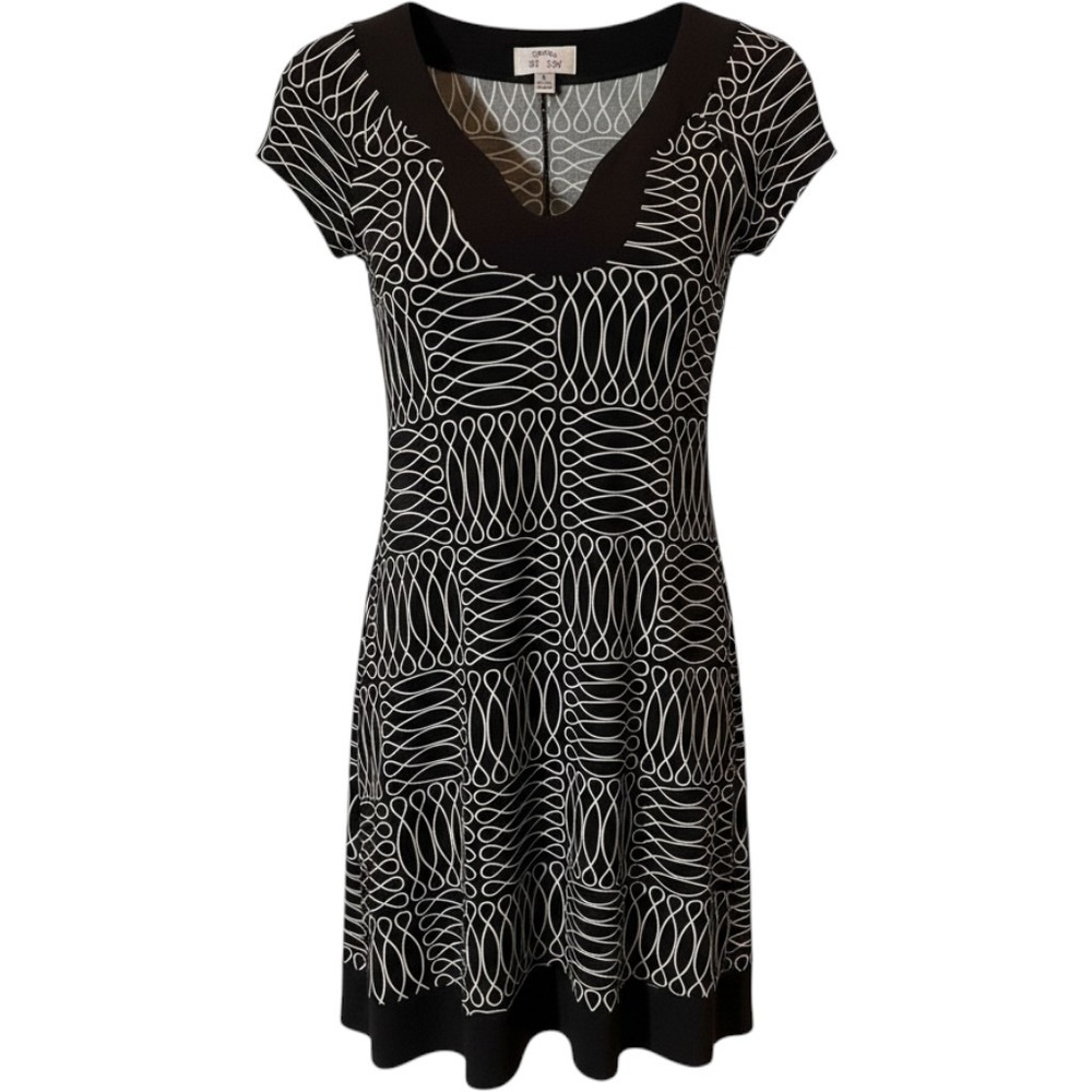 Sweet Storm Shift Dress Large Mod Geometric Print Brown Cream White Cap Sleeve